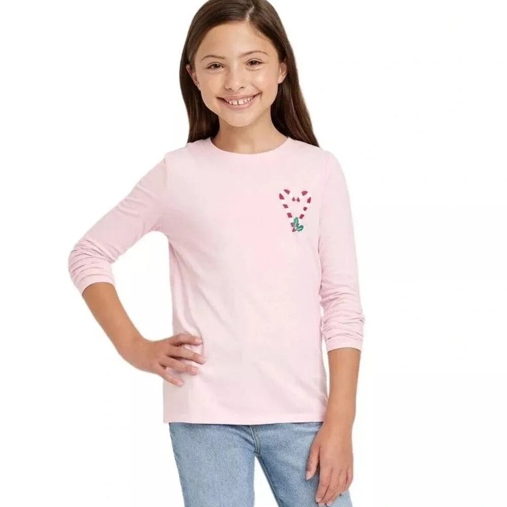 Cat & Jack Shirt Girls Large 10/12 Plus Pink Long Sleeve Candy Cane Christmas